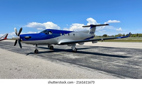 Idaho Falls, Idaho - May 24 2022: A Pilatus PC-12 rests on the ramp at Idaho Falls Regional Airport.