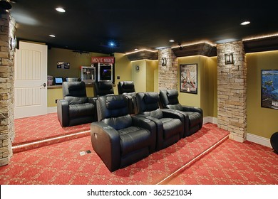 Idaho Falls, Idaho, USA Mar. 28, 2008 A Modern Home Theater Or Media Room, With Leather Chairs, And A Concession Stand.