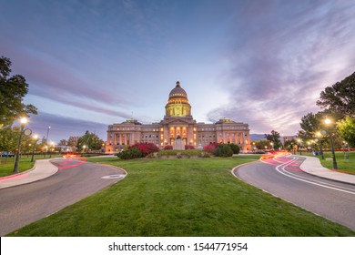 Idaho State Capitol building at dawn in Boise, Idaho, USA.