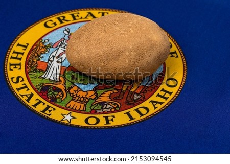Idaho state flag and russet potatoes. Potato farming production, trade and exports concept.