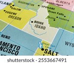 Idaho, USA, a detailed atlas map, suitable to illustrate a travel destination or a tourism background, world trade, economy and politics