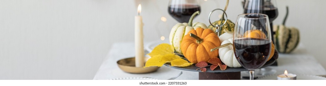 Idea For A Beautiful Autumn Setting For Thanksgiving Family Dinner Or Wedding. Orange Pumpkin As Decor. Cozy Fall Home Atmosphere. Banner Copy Space For Text