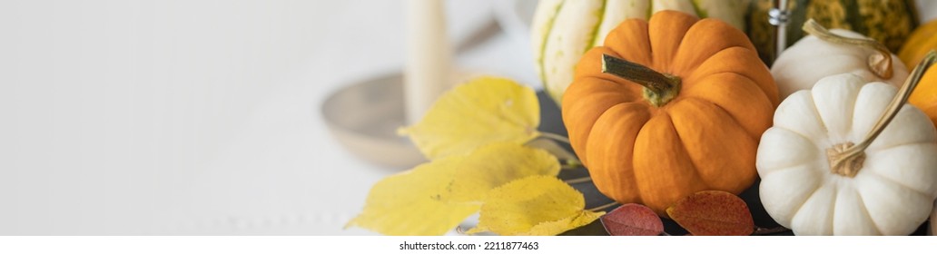 Idea For A Beautiful Autumn Setting For Thanksgiving Family Dinner Or Wedding. Orange Pumpkin As Decor. Cozy Fall Home Atmosphere. Banner Copy Space For Text