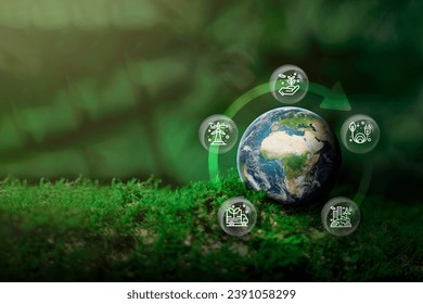 The idea of ​​a campaign to love the environment for a better world. and graphics about the sustainable use of natural resources in daily life and various industries.