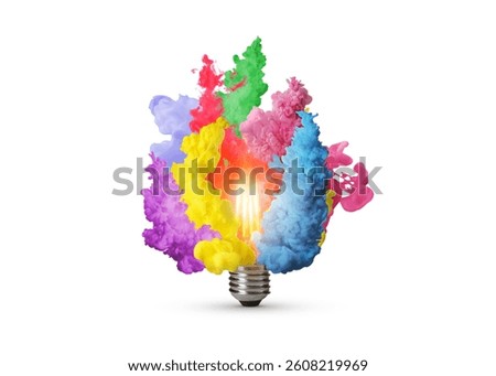 Idea concept. Splashes of bright paints flying out of glowing light bulb on white background
