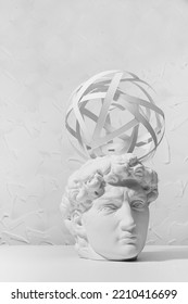 Idea Concept With Thinking Head Of White Antique Statue David And Abstract Image Of His Thoughts As Swirl Or Paths Of Electron Spin. Brainstorming Background For Business And Work Process, Vertical.