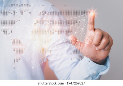 Idea creative hand touching presentation technology internet networking and commucation world map business conceptual, business concept structure big data internet network system support abstract. 