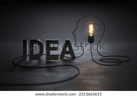 Idea. Creative thinking ideas and innovation concept. Glowing light bulb and head human symbol on dark background.