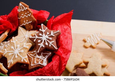 Idea DIY Do It Yourself New Year And Christmas Gift Concept Butter Sugar Cookies With Royal Icing Decoration In Green Bucket With Copy Space