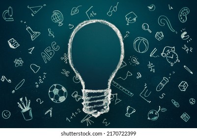 idea and eduction concept. Light bulb with hand drawn school doodle icons. Studying, knowledge, learning idea.