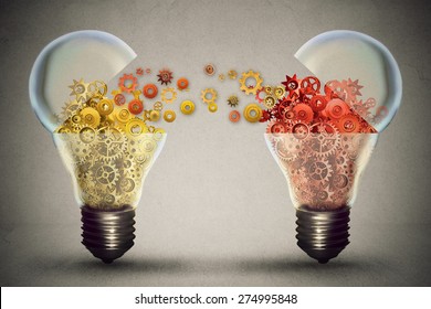 Idea exchange concept. Ideas agreement Investing in business innovation and financial commerce backing of creativity. Open lightbulb icon with gear mechanisms. Funding potential innovative growth 