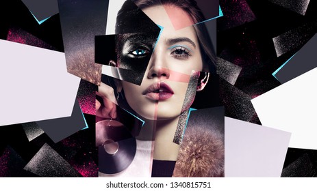 Idea, fashion, make up. Composition of women portraits with earrings and black body art - Powered by Shutterstock