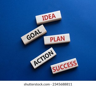 Idea Goal Plan Action Success symbol. Concept words Idea Goal Plan Action Success on wooden blocks. Beautiful deep blue background. Business concept. Copy space. Concept - Shutterstock ID 2345688811