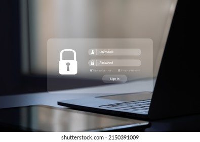 The idea is to hack a Phishing mobile phone, digital tablet, and laptop computer with a password to get access to a smartphone, online security issues, and fraud. - Shutterstock ID 2150391009