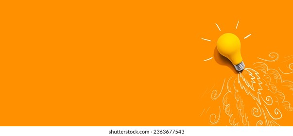 Idea light bulb flying to the sky like a rocket - Flat lay