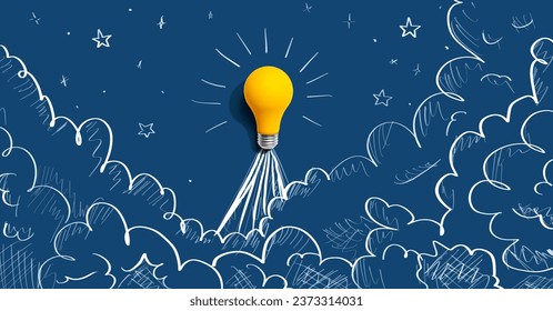 Idea light bulb flying to the sky like a rocket - Flat lay - Powered by Shutterstock