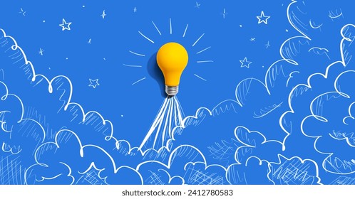 Idea light bulb flying to the sky like a rocket - Flat lay