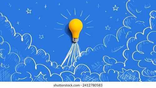 Idea light bulb flying to the sky like a rocket - Flat lay - Powered by Shutterstock