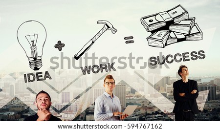 Idea plus work equals success. Businessmen on abstract city background. Double exposure