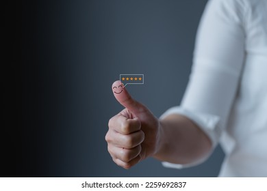 The idea of a satisfied customer experience. Happy business customers with smiling faces, good review, good service, very like, good quality, high rating, very good social media. - Shutterstock ID 2259692837