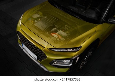 The idea of showing a hybrid engine under the hood of a car. The engine is visible through the translucent hood.
