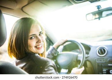 Idea Taxi Driver Talking To Police Companion Companion Who Asks For Directions Right To Drive Documents Exam Woman In Car Indoor Keeps Wheel Turning Around Smiling Looking At Passengers In Back Seat