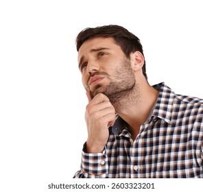 Idea, thinking and problem solving with man in studio searching for answer or solution to question. Planning, vision and why with curious person isolated on white background for memory or thought - Powered by Shutterstock - Get 15% off with code: PIKWIZARD15