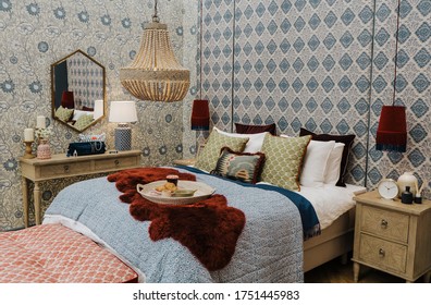 Ideal Home Show, London -  June 2019. 
 Cropped Picture Of A Cozy Modern Bedroom