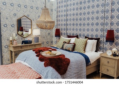 Ideal Home Show, London -  June 2019. 
 Cropped Picture Of A Cosy Modern Bedroom