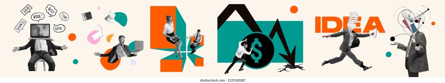 Ideas, achievements. Set of shots of young men and women, managers working hardly isolated over white background, Concept of business, finance, career. Contemporary collage. Flyer, poster, banner - Shutterstock ID 2137630287