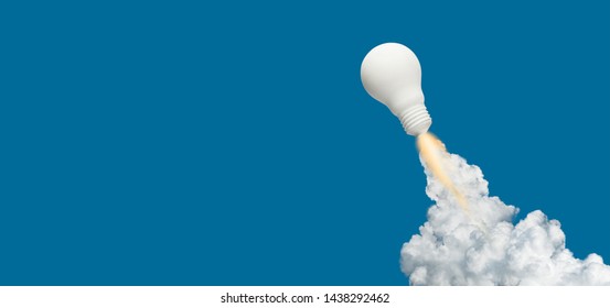 Ideen inspirierende Konzepte mit Raketentrippel auf blauem Hintergrund.Business-Start oder Ziel zum Erfolg. Kreativität des Menschen