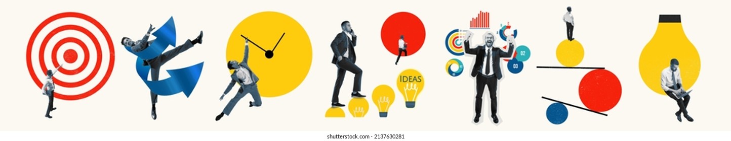 Ideas, tasks, deadlines. Contemporary art collage made of shots of young men and women, managers working hardly isolated over white background, Concept of business, finance, career. Flyer - Shutterstock ID 2137630281