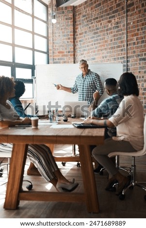 Ideas, teamwork and man at creative presentation for project management, planning and workshop leadership. Whiteboard, meeting room and business people in office for growth, development or proposal