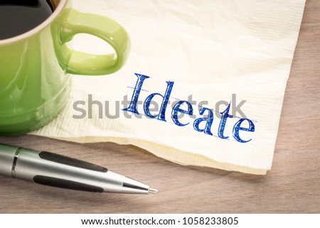 Ideate - form ideas, handwriting on napkin with a cup of tea