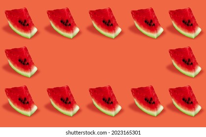 Identical pieces of sliced ripe watermelon, on a red background collage, place for text