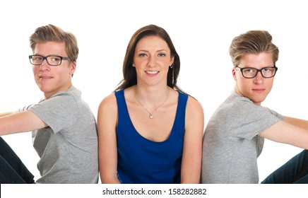 Identically Adult Male Twins With Girl  In Studio