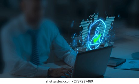 Identity Authentication Technologies. Secure Passwordless Multi-Factor Authentication. Businessperson Tapping Laptop to Use Authenticator Application.