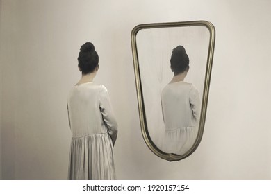 identity crisis and confidentiality, a woman who is mirrored and always appears from behind 