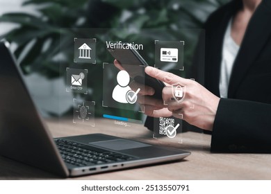 Identity verification concept, Authentication facial recognition biometric Security, Businesswomen use smartphone verify identity in system, OPT code, Fingerprint, Multi-tiered privacy protection  - Powered by Shutterstock