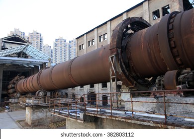 Idle Cement Plant Rotary Kiln Machinery, Closeup Of Photo