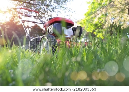 Idle lawnmower letting grass grow, concept of preservation and creating habitat for pollinators such as insects and bees, shallow focus on wheel