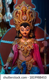 Idol Of God Kartik, During Durga Puja Festival At Night. Shot Under Colored Light At Howrah, West Bengal, India. Biggest Festival Of Hinduism , Celebrated All Over The World.