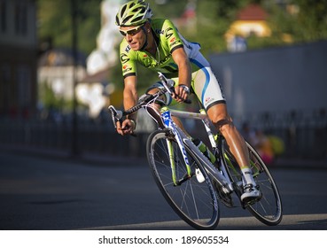 IDRIJA, SLOVENIA - june, 21. 2013: Kristjan Koren from team Cannondale winning ride during the Kriterij - Idrija cycling race through the roads of IDRIJA.