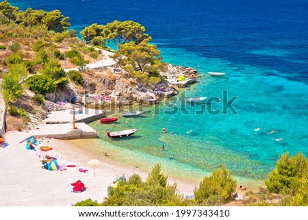 Idyllic Adriatic beach Bilo near Primosten view, archipelago of Dalmatia in Croatia