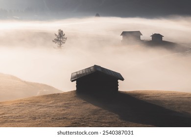 Idyllic alpine meadow during a moody, atmospheric and misty sunrise in Alpe di Siusi with rustic huts and landscape views of the Dolomite mountains in South Tyrol, Italy. - Powered by Shutterstock