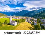 Idyllic alpine village of Burgeis and Abbey of Monte Maria view, Trentino Alto Adige region of Italy