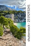 Idyllic beach Punta Rata in Brela aerial view, Makarska riviera of Dalmatia, Croatia.  Beautiful coastline, clear sea from a bird