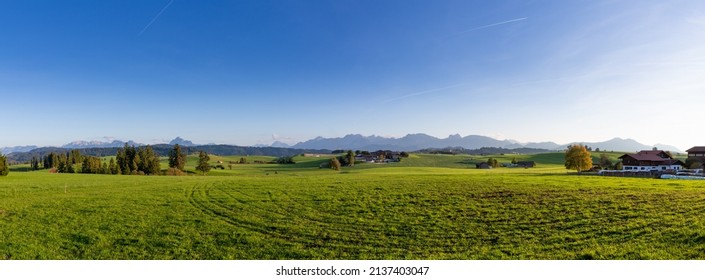 Idyllic farmland landscape in the Alps, fresh green agricultural land with mountain in background, Allgäu, Bavaria, Germany