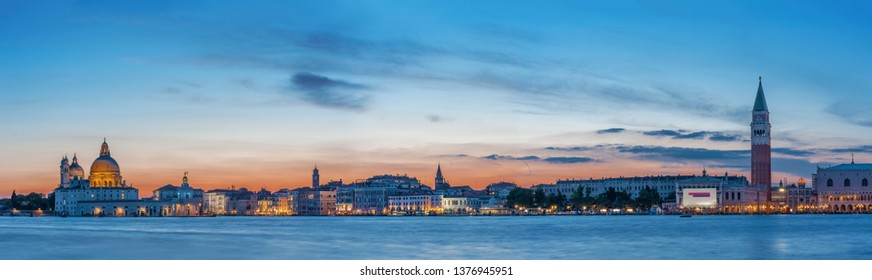 Idyllic Landscape Of Panorama Of Historical City Venice, Italy Under Sunset