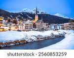 Idyllic mountain town of Davos in Swiss Alps evening view, luxury ski destination of Switzerland